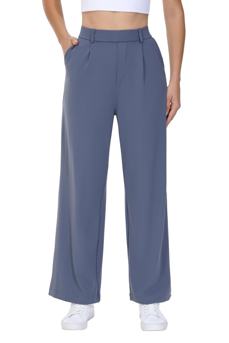 Blaosn Womens Dress Pants Straight Wide Leg Work Business Casual Trousers Stretchy Pull on Office Slacks Travel Yoga Sweatpants High Waisted with Pockets Petite Comfy Lounge Trendy Clothes Blue Grey 29" M - Image 1