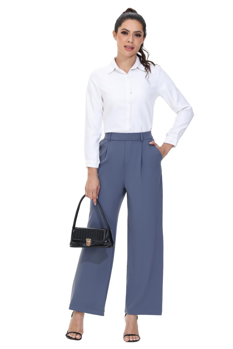 Blaosn Womens Dress Pants Straight Wide Leg Work Business Casual Trousers Stretchy Pull on Office Slacks Travel Yoga Sweatpants High Waisted with Pockets Petite Comfy Lounge Trendy Clothes Blue Grey 29" M - Image 4