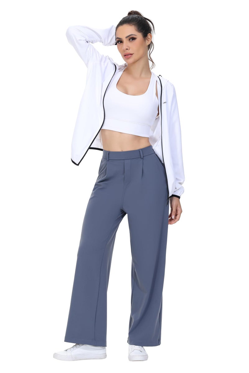 Blaosn Womens Dress Pants Straight Wide Leg Work Business Casual Trousers Stretchy Pull on Office Slacks Travel Yoga Sweatpants High Waisted with Pockets Petite Comfy Lounge Trendy Clothes Blue Grey 29" M - Image 2