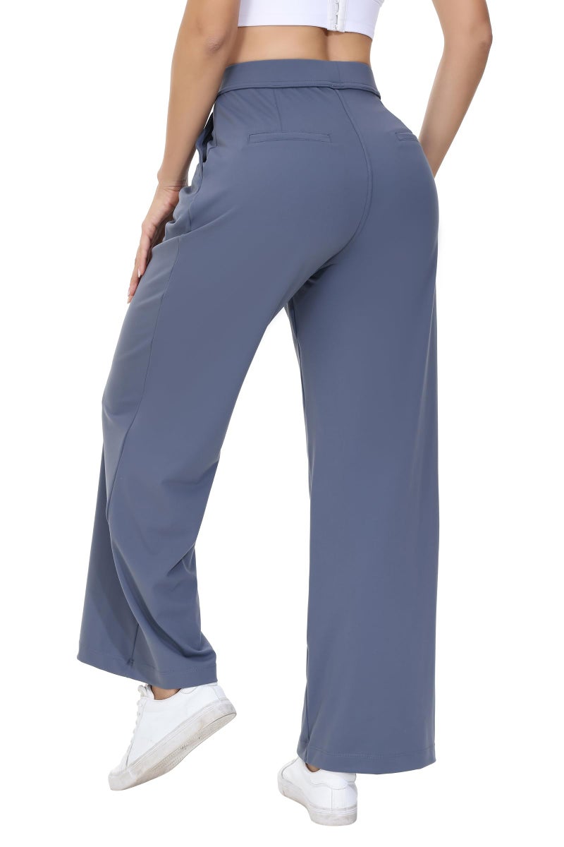Blaosn Womens Dress Pants Straight Wide Leg Work Business Casual Trousers Stretchy Pull on Office Slacks Travel Yoga Sweatpants High Waisted with Pockets Petite Comfy Lounge Trendy Clothes Blue Grey 29" M - Image 5
