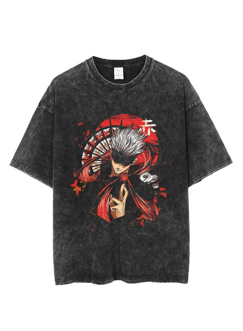 Washed retro T-shirt street hip hop anime Jujutsu Kaisen casual cotton summer short sleeves - Image 1
