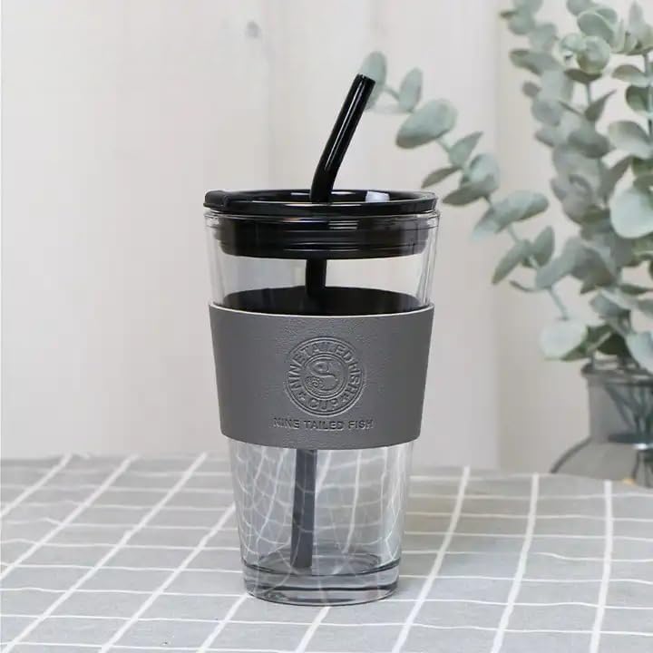 VILON Glass Travel Sipper Tumbler Mug with Straw and Lid 400ml Tea and Coffee Cup Fruit Juice and Milk Glass Pack of 1 Sipper 1 - Image 3