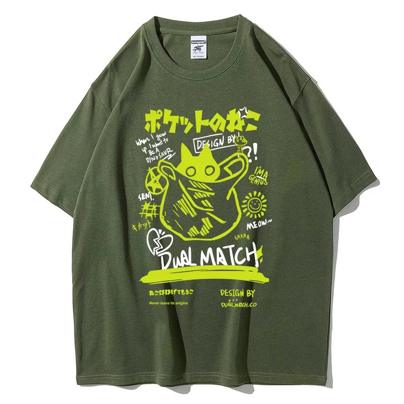 Unisex 2024 Harajuku Kawakami Cat Printed Short-Sleeved T-Shirt Couples Street Casual Loose Clothes Y2K Top - Image 1
