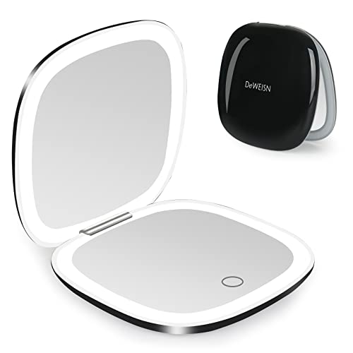 deweisn Compact Mirror, Lighted Travel Makeup Mirror with 1X/10X Magnifying Double Sided Dimmable Portable Pocket Mirror for Handbag, USB Charging(Black) - Image 1