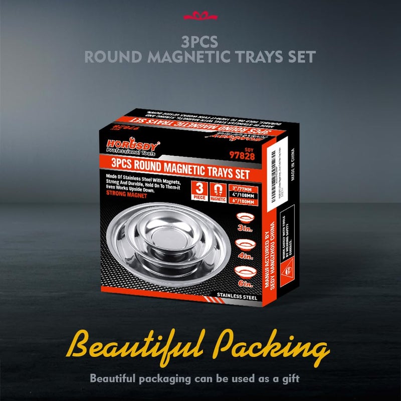 HORUSDY Magnetic Tray | 3-Piece | Round Magnetic Parts Tray | 3 Inch 4 Inch 6 Inch Magnetic Tray for Mechanic's | Stainless Steel - Image 2
