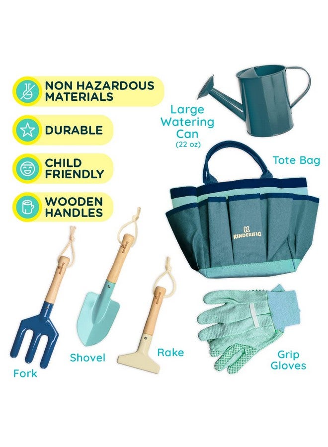 Kinderific Gardening Set, Tool Kit, for Kids, STEM, Includes Tote Bag, Spade, Watering Can, Rake, Fork, Trowel and Gloves (Ocean Blue)  - Image 4