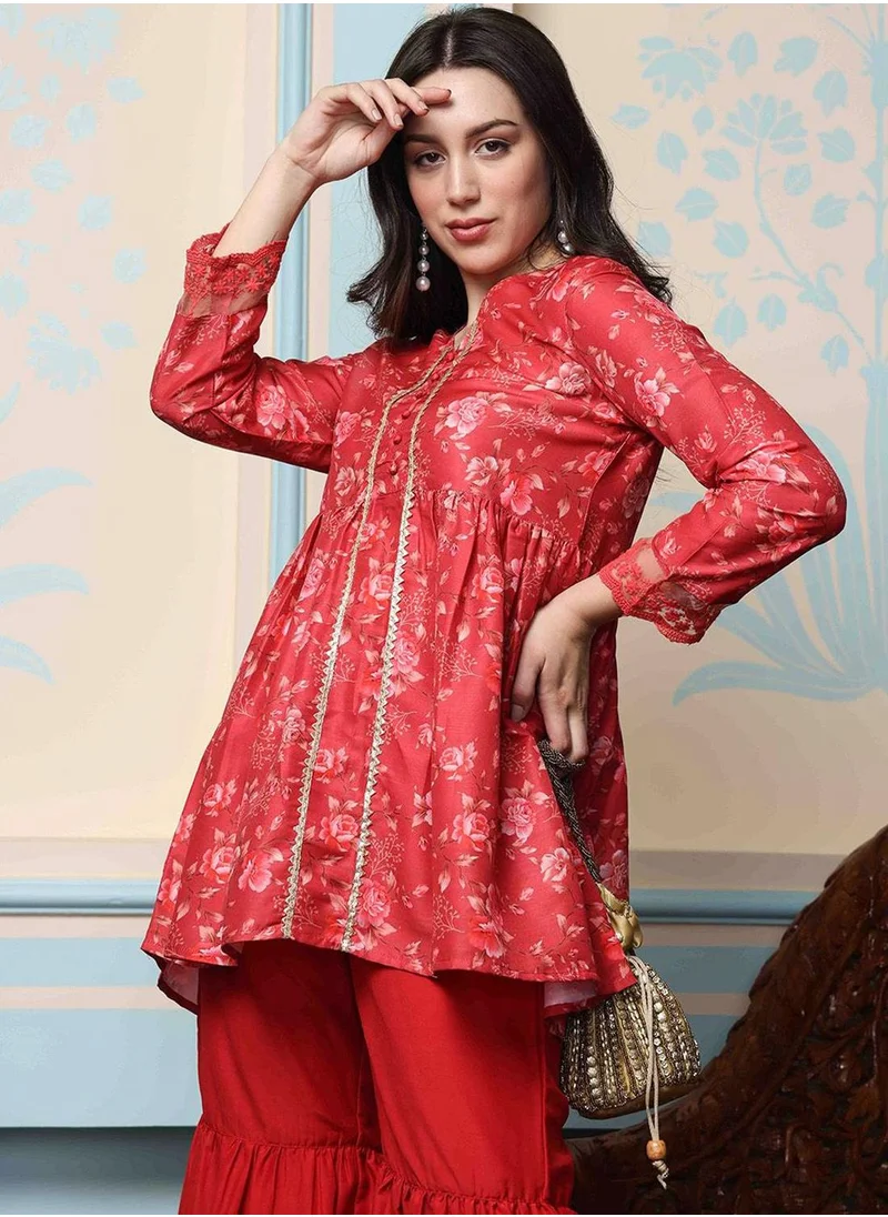 آي شين Regular Fit Embellished Pattern Round Neck Neck Three-Quarter Sleeve Maroon Colour Knitted Cotton Kurta Set for Women with Mid-Rise Closure - A Statement Piece for Every Look