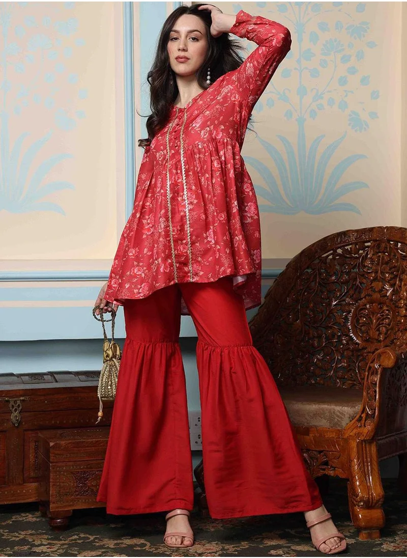 آي شين Regular Fit Embellished Pattern Round Neck Neck Three-Quarter Sleeve Maroon Colour Knitted Cotton Kurta Set for Women with Mid-Rise Closure - A Statement Piece for Every Look