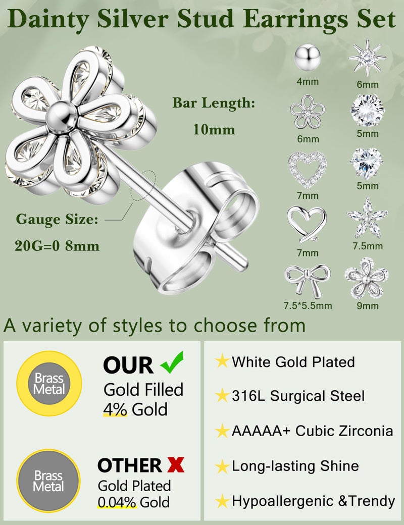 LOYALLOOK Silver Stud Earrings for Women Hypoallergenic - Surgical Steel Earrings for Sensitive Ear Women Dainty Cute Heart Flower Bow Earrings Set Cubic Zirconia Earrings Studs - Image 2