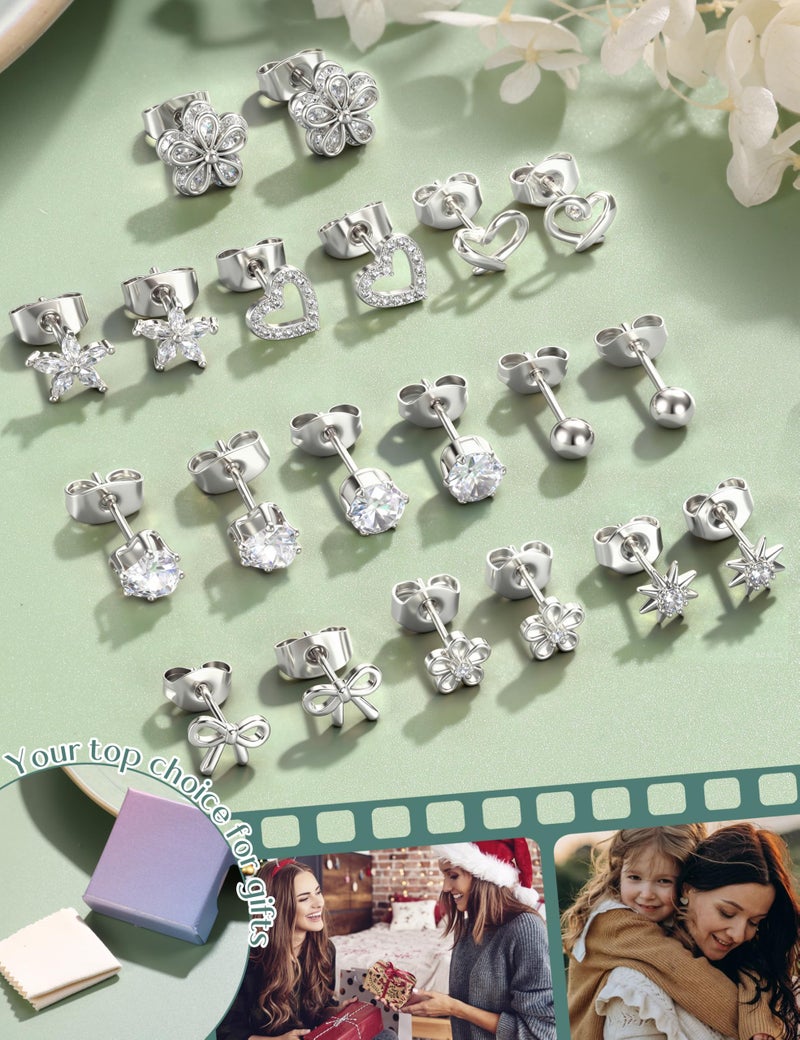 LOYALLOOK Silver Stud Earrings for Women Hypoallergenic - Surgical Steel Earrings for Sensitive Ear Women Dainty Cute Heart Flower Bow Earrings Set Cubic Zirconia Earrings Studs - Image 5