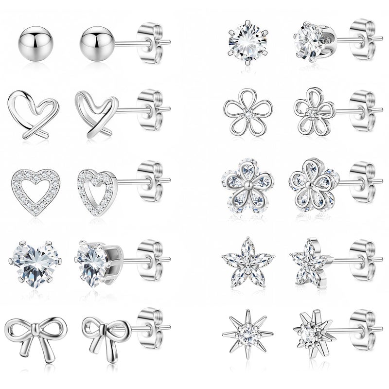 LOYALLOOK Silver Stud Earrings for Women Hypoallergenic - Surgical Steel Earrings for Sensitive Ear Women Dainty Cute Heart Flower Bow Earrings Set Cubic Zirconia Earrings Studs - Image 1