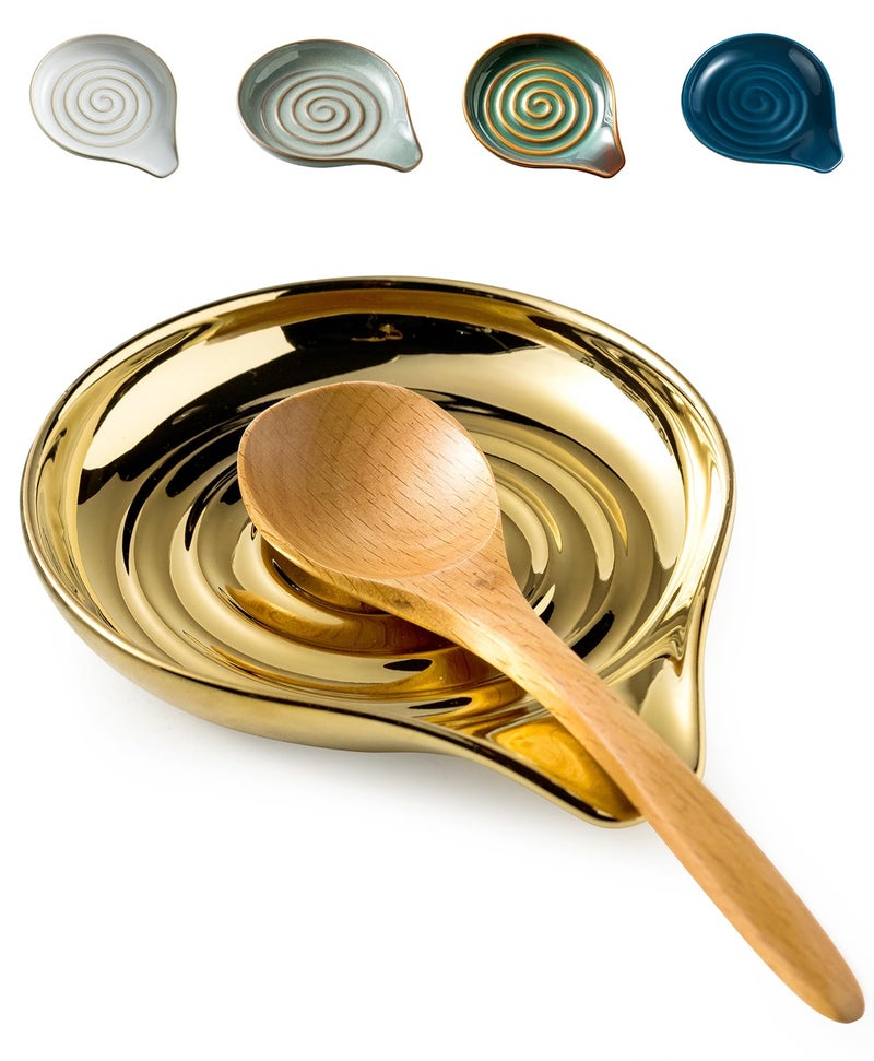 LAUCHUH Spoon Rest for Stove Top, Ceramic Spoon Holder for Kitchen Countertop Large Utensil Rest for Spatula, Spoons or Tong, Ladle, Fork, Christmas, 5 inch, Gold - Image 1