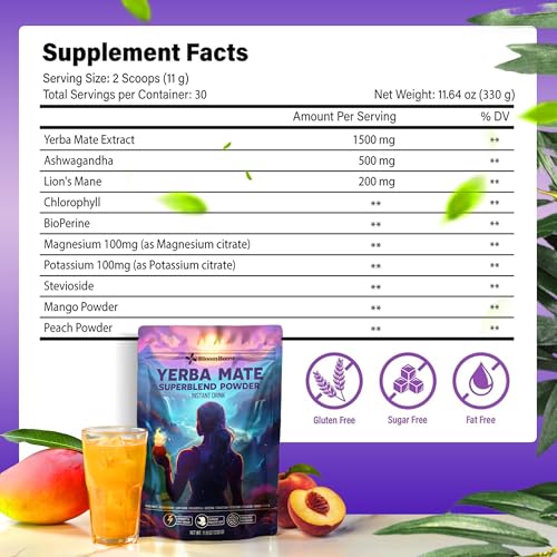 BloomBoost Yerba Mate Instant Tea Powder for Clean Energy Mental Focus with Lions Mane Ashwagandha SugarFree Superfood Blend Peach Mango Flavor 30 Servings 116 Oz330g - Image 5