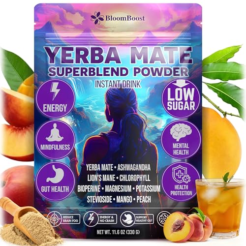 BloomBoost Yerba Mate Instant Tea Powder for Clean Energy Mental Focus with Lions Mane Ashwagandha SugarFree Superfood Blend Peach Mango Flavor 30 Servings 116 Oz330g - Image 1