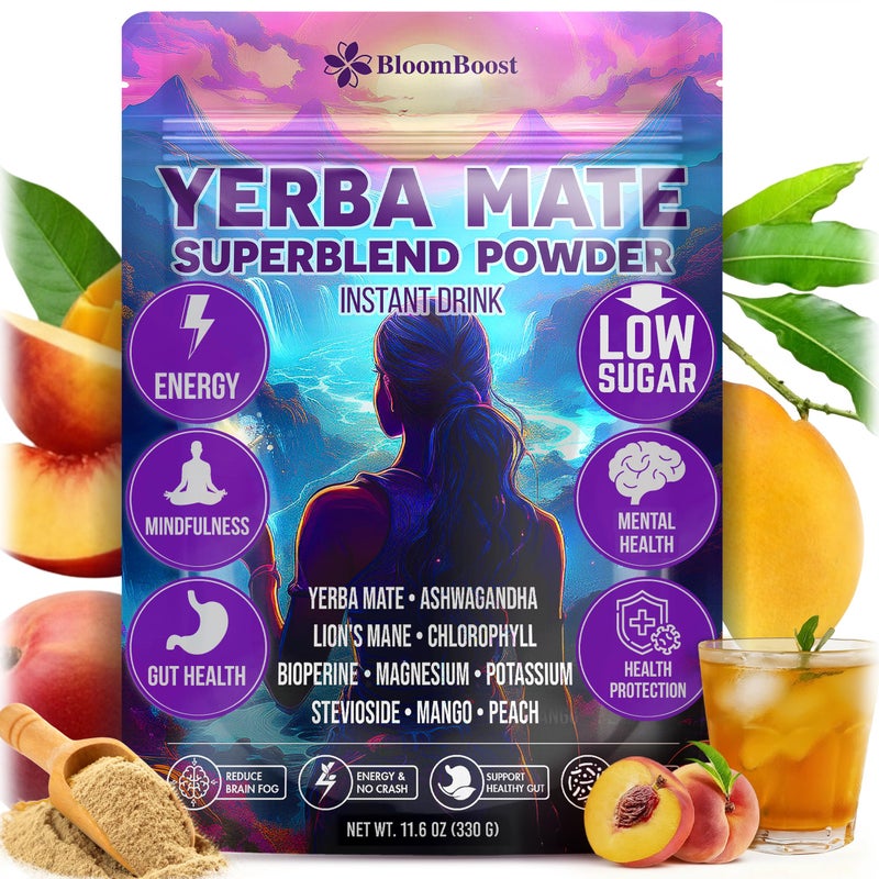 BloomBoost Yerba Mate Instant Tea Powder for Clean Energy Mental Focus with Lions Mane Ashwagandha SugarFree Superfood Blend Peach Mango Flavor 30 Servings 116 Oz330g - Image 2
