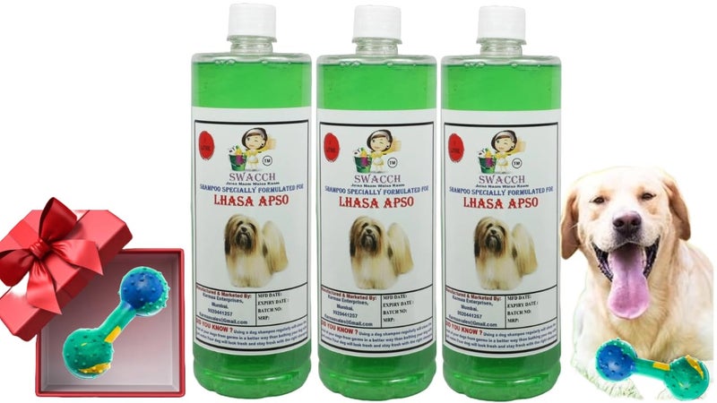 swacch Lhasa Apso Dog Shampoo + Dumbbell Toy I Durable Rubber Dog Toy for Chewing I Playing,Teeth Cleaning & Training Toy I Combo Pack I 1 Litre Pack of 3 Neem Alovera - Image 1