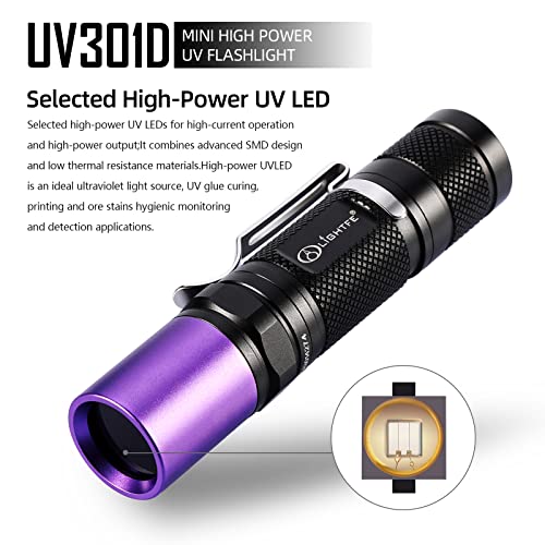 LIGHTFE Black Light UV Flashlight 365nm Blacklight UV301D with LG LED Source,Black Filter Lens, Max.3000mW high Power for Resin Glue Curing Light, Rocks and Mineral Glowing,A/C Leak Detector - Image 2