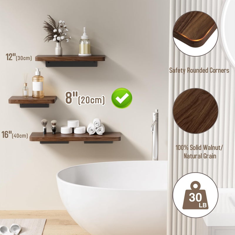 Danpoo Solid Walnut Floating Shelf, 8 inch Small Natural Wood Wall Mounted Shelf for Bathroom, Kitchen, Bedroom, Living Room, Farmhouse Decor - Image 4