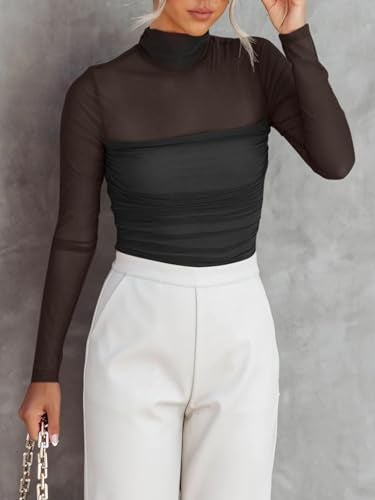 REORIA Women’s Fall Sexy Mock Turtle Neck Long Sleeve Sheer Mesh Slim Fit Ruched Trendy Going Out Leotard Bodysuits Tops Black Medium - Image 3