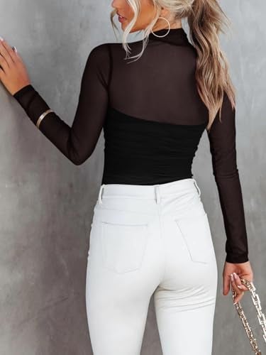 REORIA Women’s Fall Sexy Mock Turtle Neck Long Sleeve Sheer Mesh Slim Fit Ruched Trendy Going Out Leotard Bodysuits Tops Black Medium - Image 2