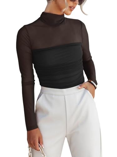 REORIA Women’s Fall Sexy Mock Turtle Neck Long Sleeve Sheer Mesh Slim Fit Ruched Trendy Going Out Leotard Bodysuits Tops Black Medium - Image 1