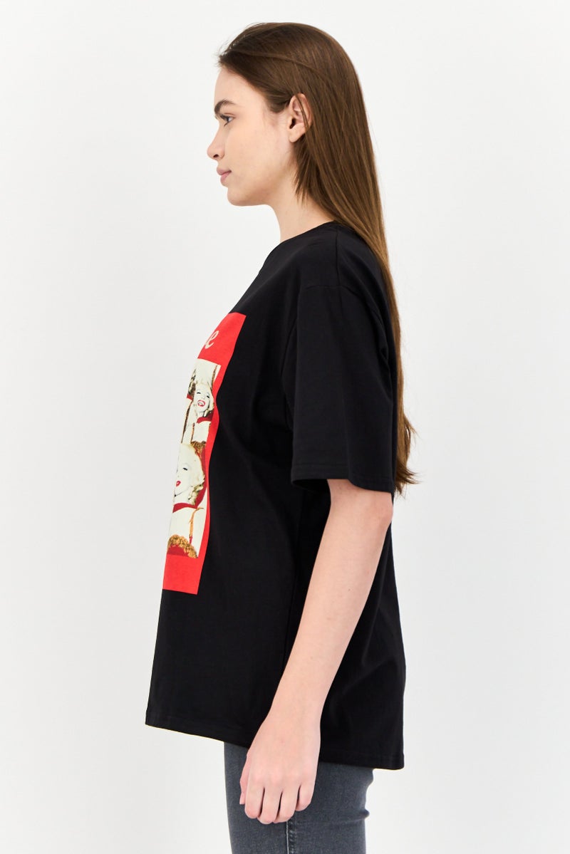 Marilyn Monroe Women Oversized Fit Crew Neck Short Sleeves Graphic Print T-Shirt, Black - Image 2