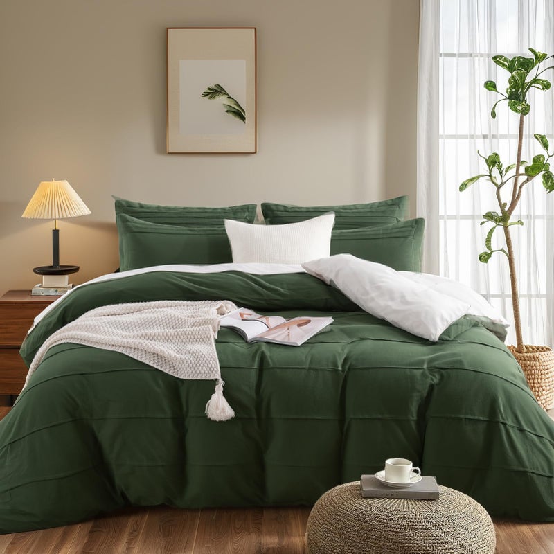NEXHOME PRO 100% Organic Cotton Duvet Cover Queen Size, Pleated Textured Forest Green Duvet Cover Queen, 3pc Bedding Set with Zipper Closure, Soft Lightweight and Breathable,90"x90", No Comforter - Image 2