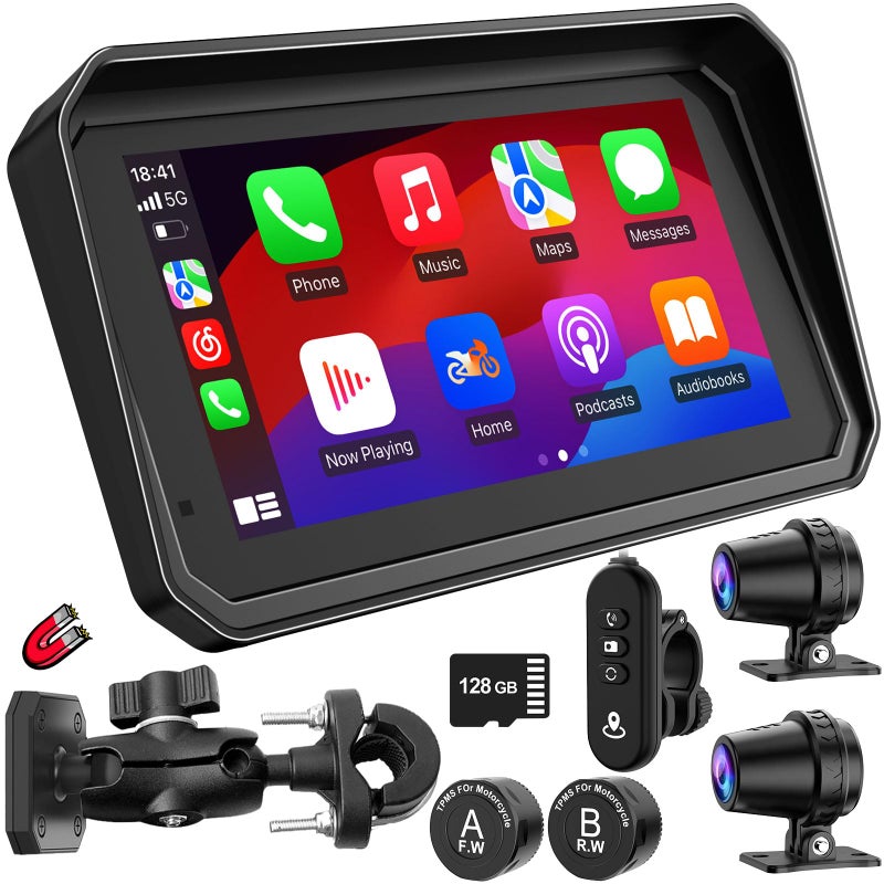 LBW MT600 Pro Portable Motorcycle Dash Cam QuickRelease Magnetic Bracket Wireless Motorcycle CarPlay Android Auto Motorbike TPMS GPS Navigation 6 IP67 Waterproof Touchscreen Free 128G SD Card