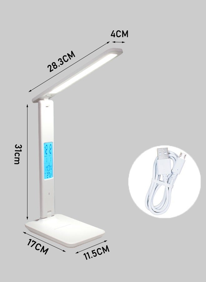 مصباح مكتبي أبيض للدراسة والقراءة مع ساعة منبه بتقويم دائم وحامل هاتف محمول قابل للطي ومفتاح لمس وتعتيم مستمر 1200 مللي أمبير في الساعة ومصباح طاولة بجانب السرير لغرفة النوم - Image 3