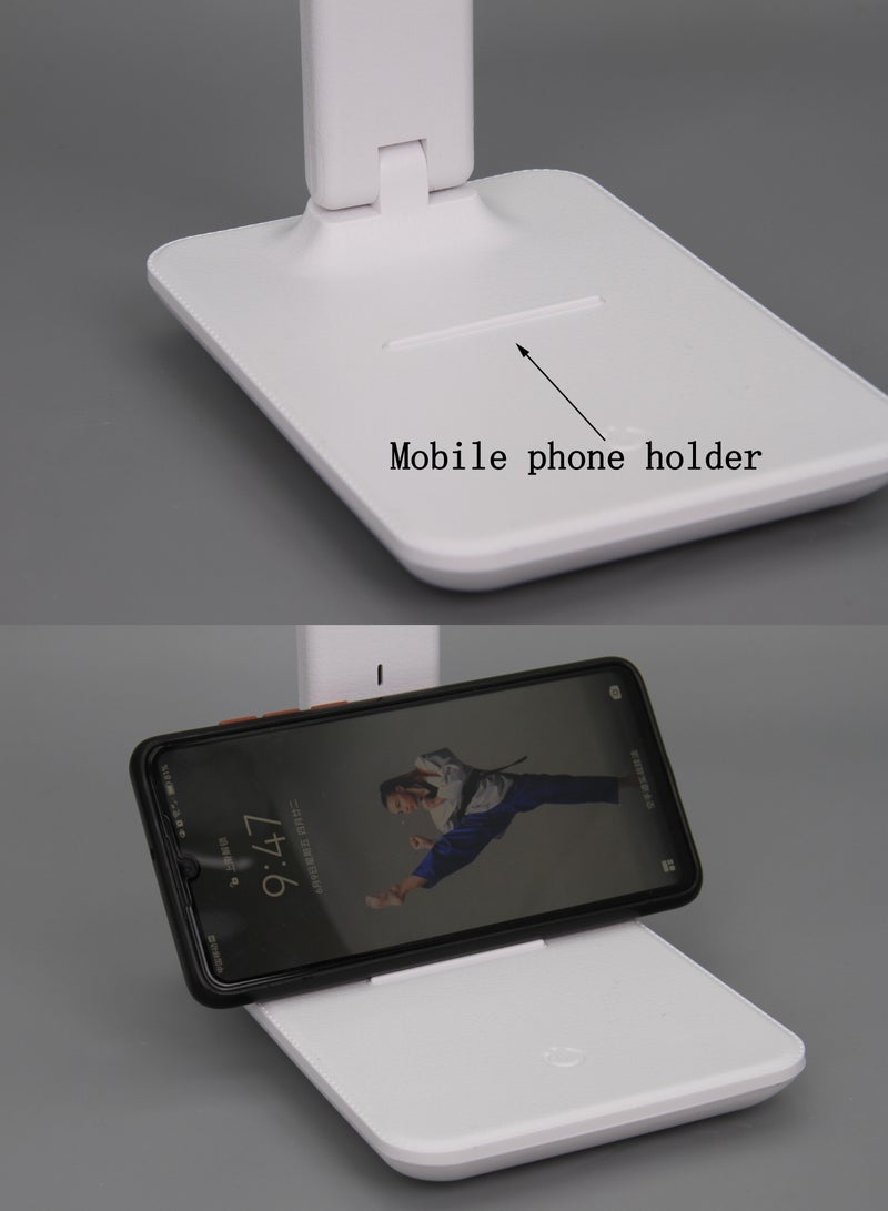 مصباح مكتبي أبيض للدراسة والقراءة مع ساعة منبه بتقويم دائم وحامل هاتف محمول قابل للطي ومفتاح لمس وتعتيم مستمر 1200 مللي أمبير في الساعة ومصباح طاولة بجانب السرير لغرفة النوم - Image 5