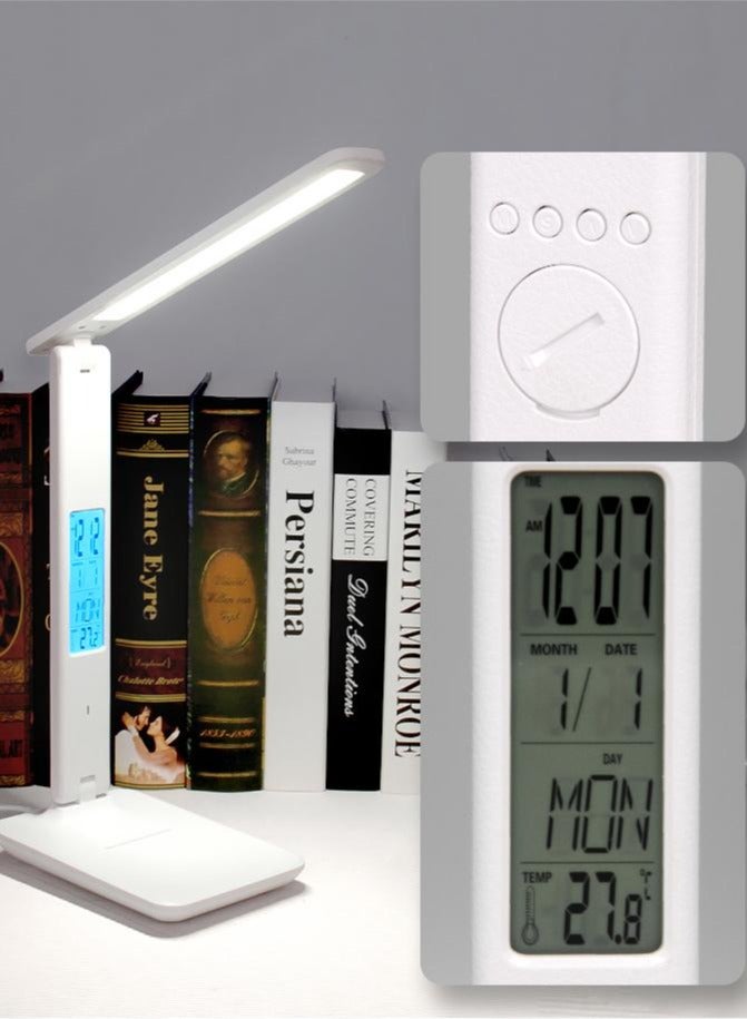 مصباح مكتبي أبيض للدراسة والقراءة مع ساعة منبه بتقويم دائم وحامل هاتف محمول قابل للطي ومفتاح لمس وتعتيم مستمر 1200 مللي أمبير في الساعة ومصباح طاولة بجانب السرير لغرفة النوم - Image 1