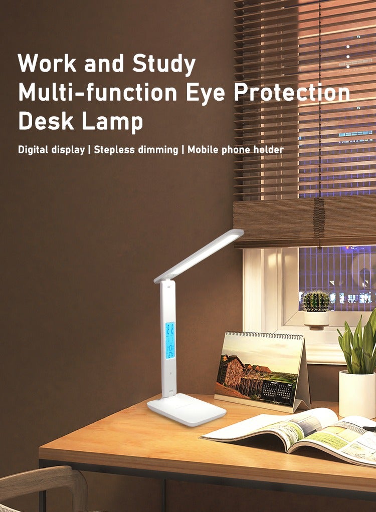 مصباح مكتبي أبيض للدراسة والقراءة مع ساعة منبه بتقويم دائم وحامل هاتف محمول قابل للطي ومفتاح لمس وتعتيم مستمر 1200 مللي أمبير في الساعة ومصباح طاولة بجانب السرير لغرفة النوم - Image 2