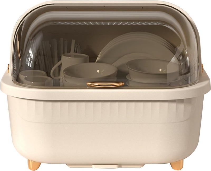 KEYOZA Kitchen Dish Drying Rack with Lid Plastic Countertop Dish Drainer with Draining Tray Chopstick Holder Cream White - Image 1