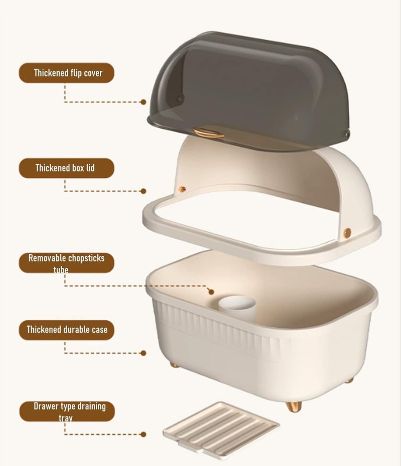 KEYOZA Kitchen Dish Drying Rack with Lid Plastic Countertop Dish Drainer with Draining Tray Chopstick Holder Cream White - Image 3