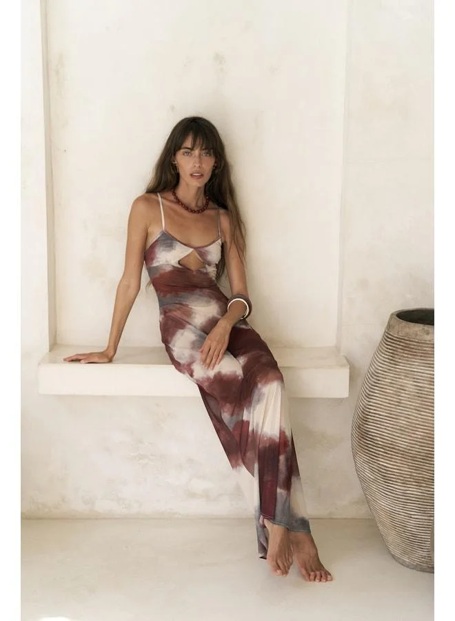 Bohemai Diavonesta Long Dress in Burgundy with Strap Detail and Cutout Neckline.