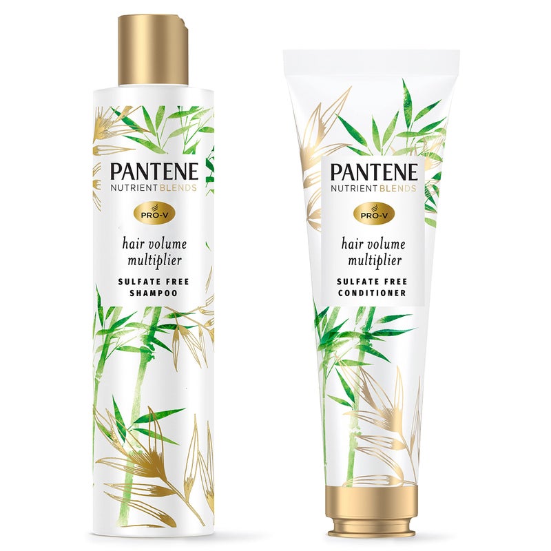 Pantene مجموعة شامبو وبلسم بانتين خالية من الكبريتات، شامبو وبلسم مكثف للشعر الناعم أو المسطح مع البامبو، آمن للشعر المعالج بالألوان، مزيج مغذي، 9.6 أونصة و 8.0 أونصة - Image 1