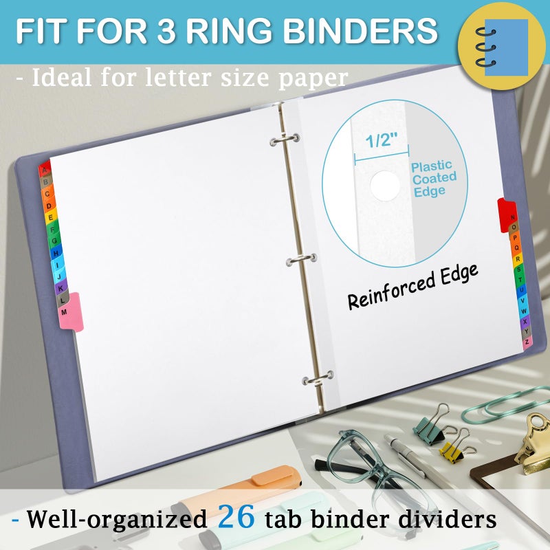 Coidea Alphabet Binder Dividers for 3 Ring Binder, COIDEA A-Z Dividers for 3 Ring Binder, Multicolor A-Z Binder Dividers with Customizable Table of Contents Page, ABC Alphabet Tabs for School Office - Image 4
