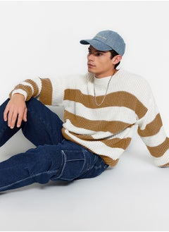 trendyol Camel Oversize Fit Wide Fit Crew Neck Striped Knitwear Sweater TMNAW23KZ00106  - Image 2