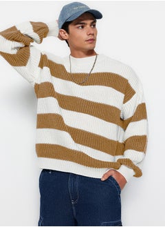trendyol Camel Oversize Fit Wide Fit Crew Neck Striped Knitwear Sweater TMNAW23KZ00106  - Image 1