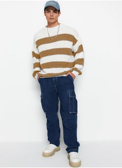 trendyol Camel Oversize Fit Wide Fit Crew Neck Striped Knitwear Sweater TMNAW23KZ00106  - Image 4