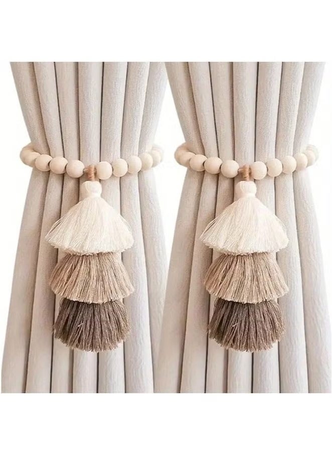 OMEVE 2-piece curtain tie,Curtain straps,featuring wooden bead ties, offering a touch of luxury with French handmade gauze curtain ties and rope curtain buckles  - Image 1