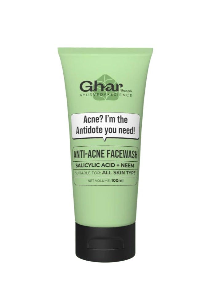 Ghar Soap 2% Anti Acne Face Wash With Salicylic Acid & Neem Natural face wash, Acne porn skin ,Herbal Healthy Skin Acne Clearing Sulphate Free Face Wash for Men & Women | 100ml - Image 1