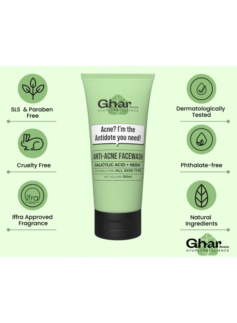Ghar Soap 2% Anti Acne Face Wash With Salicylic Acid & Neem Natural face wash, Acne porn skin ,Herbal Healthy Skin Acne Clearing Sulphate Free Face Wash for Men & Women | 100ml - Image 2