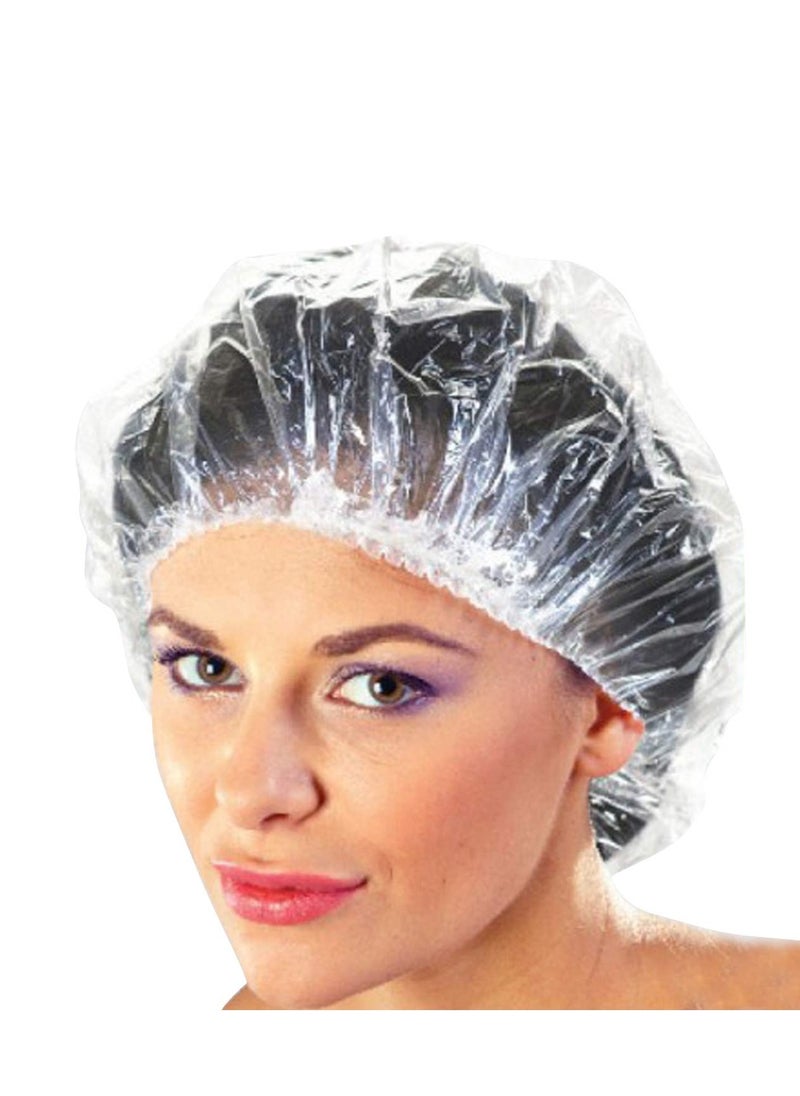 Reneebeautytan 100 Disposable Clear Mop Mob Caps Clipped Hair Head Cover Shower Cap Plastic for Beauty Salon,Food Service,Hospitals,Laboratories,Manufacturing or Spray Tanning  - Image 1