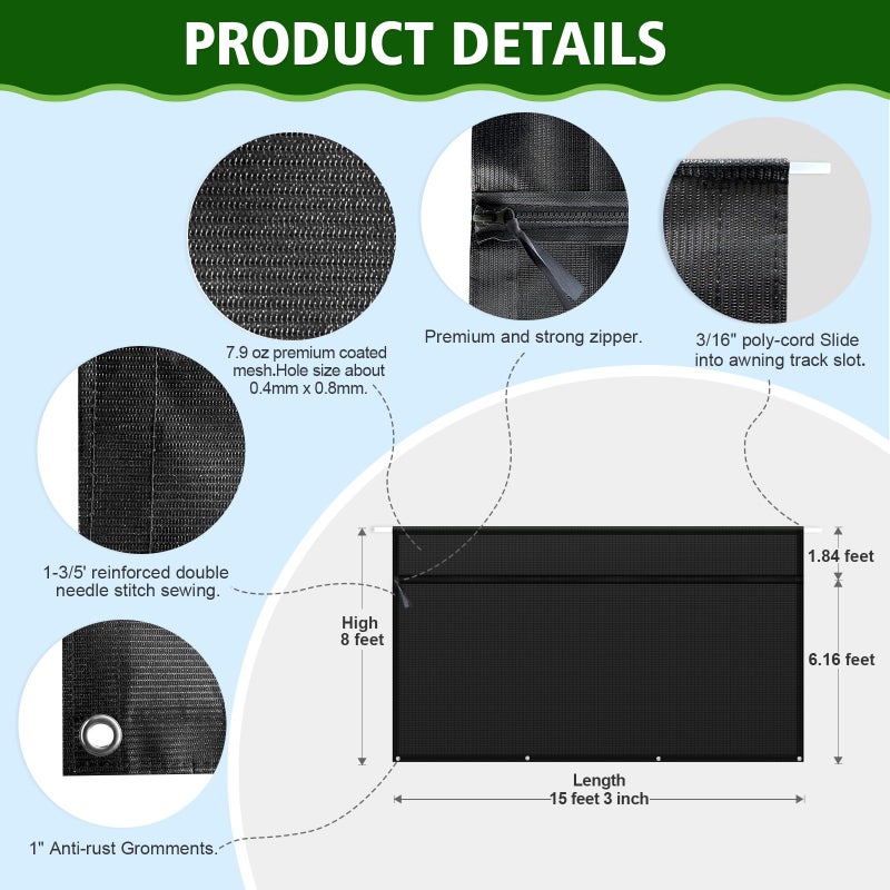 Dulepax RV Awning Shade Screen with Zipper 8'X15'3'' -Second Generation RV Awning Screen Significantly Improves Shadew and Privacy.Universal RV Awning Sun Shade Screen with Complete Kits - Image 4