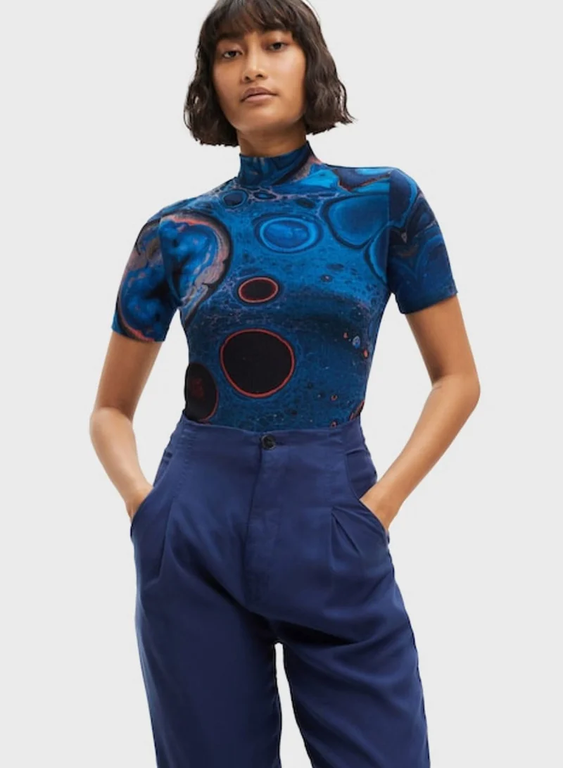 DESIGUAL Printed High Neck T-Shirt