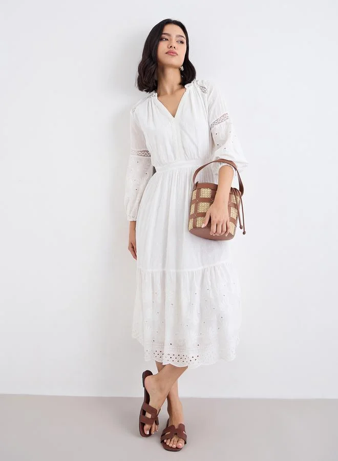 Styli Styli White Embroidered A-Line Midi Dress