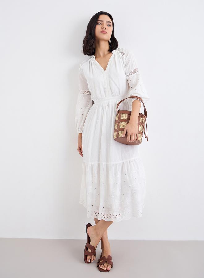Styli White Embroidered A-Line Midi Dress - Image 1