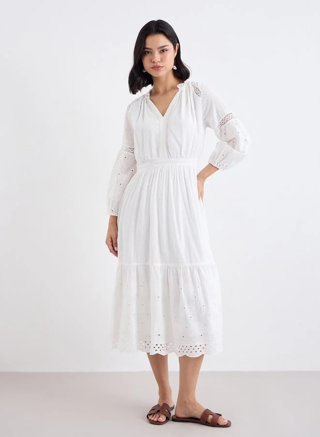 Styli Styli White Embroidered A-Line Midi Dress