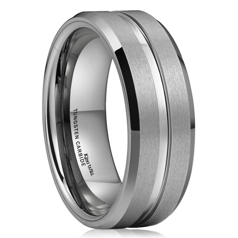 King Will Tungsten Carbide Wedding Band for Men Women-8mm Sliver with Grooved Center Wedding Ring Matte Finished Suitable for Work, Gym Comfort Fit Size 10 - Image 1